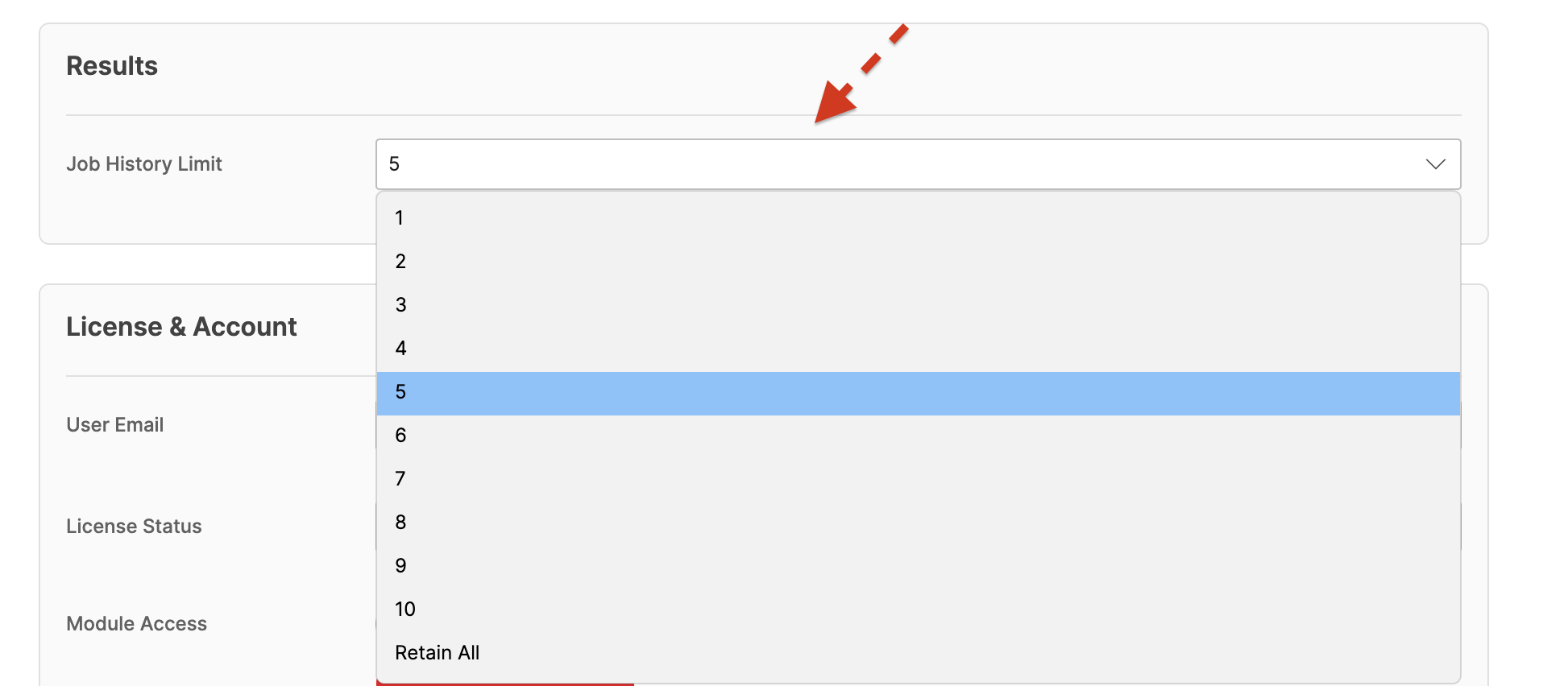Settings page showing Job History Limit